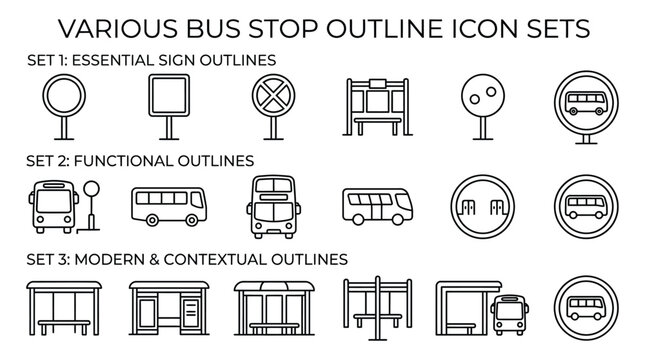 Bus stop icons set outline style on white background