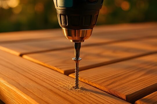 Cordless Power Drill Installing Screw Into Cedar Deck Boards 