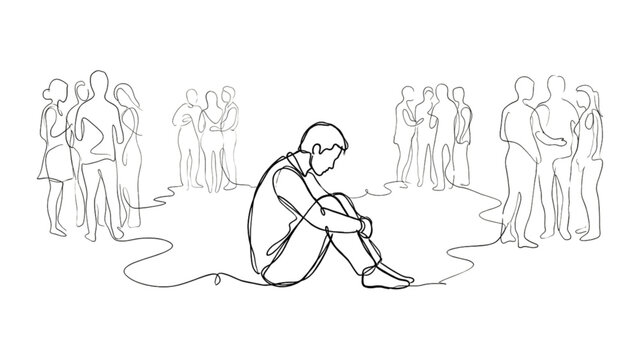 Continuous Line Social Anxiety Loneliness Isolation Minimal Black Line Art Human Distance Concept Illustration