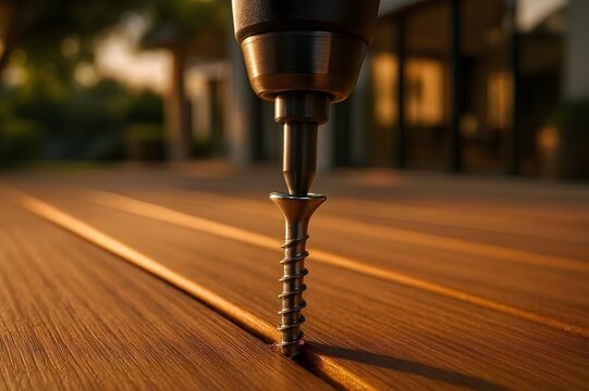 Extreme macro close-up of a precision cordless drill bit driving a stainless deck screw into smooth teak decking planks