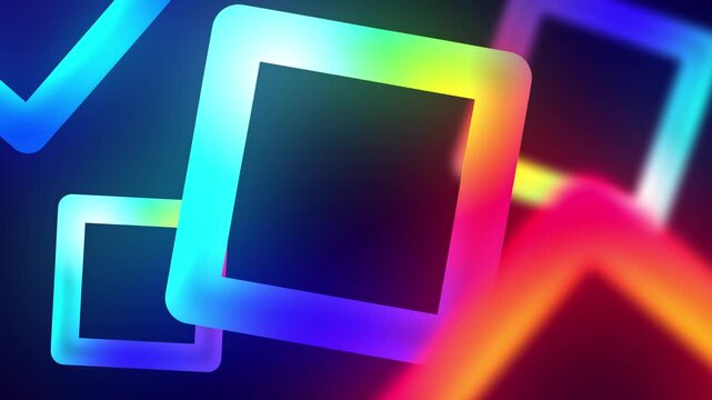 Colorful glowing square frames with smooth camera movement on dark abstract gradient background in geometric motion graphics