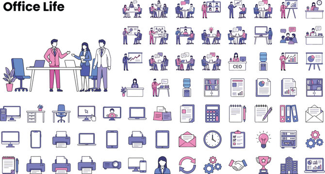 Office life business workflow illustration set featuring teamwork communication remote work productivity management and corporate workplace activities