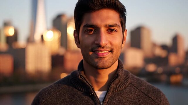 Man with warm sunset light on face, city skyline bokeh