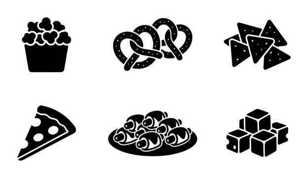 Six Black and White Vector Icons: Popcorn, Pretzel, Nachos, Pizza Slice, Croissants, Sugar Cubes. Simple Food Graphics.