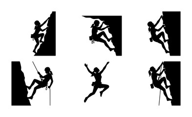 Rock Climbing Silhouettes: Female Climbers Ascending Mountains, Bouldering, and Rappelling, Vector Set © Jahidul