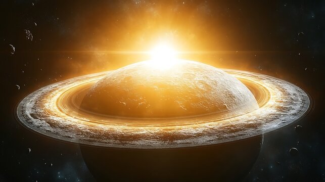 Radiant Saturn Artistic rendering of planet with shining rings with cosmos background.