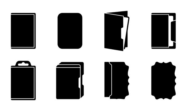 Set of 8 Black Vector Icons Representing Folders, Binders, and Packaging, Office Supplies and Document Organization