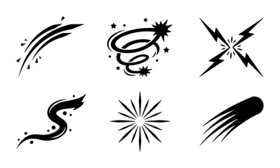 Dynamic Motion Swirls, Starbursts, and Lightning Bolt Effects Vector Icons Set, Abstract Speed Streaks and Comet Trails Graphic Elements Collection © Mou