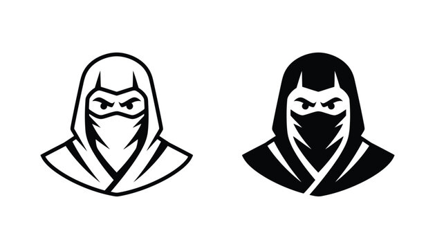 Stealthy ninja warrior face icon with headband for gaming and martial arts branding vector set in black and white