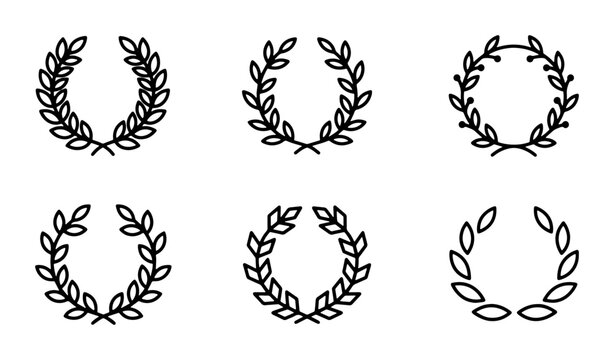 Laurel Wreath Icons Set, Victory Award Emblems, Vintage Achievement Circles, Greek Roman Symbol Vector Graphics