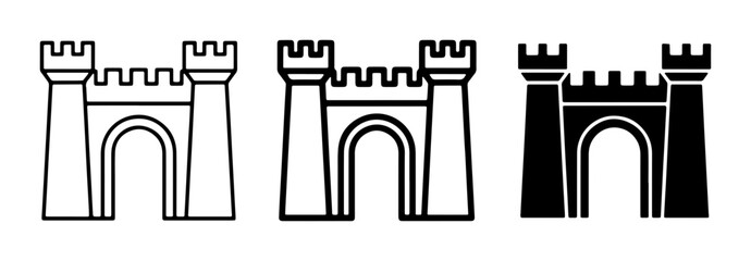 Castle Gate Icons, Medieval Fortress Entrance Symbols, Ancient Fortification Vector Graphics, Royal Architecture Silhouettes, Historical Landmark Outline Set © Nabila