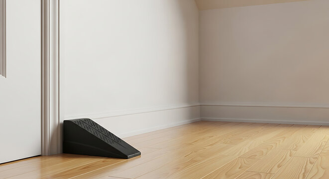 Black door stopper on floor.