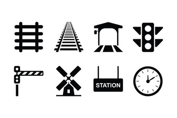 Train Station Icons Set Rails Signal Barrier Clock Building Crossbuck for Railway Transport Design © EQBAL BASAR HABIB