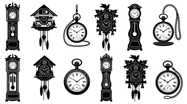 Clock pocket watch and wall clock icons set with gears, pendulum details, vintage timepieces and bold outline style