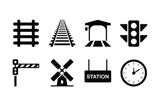 Train Station Icons Set Rails Signal Barrier Clock Building Crossbuck for Railway Transport Design