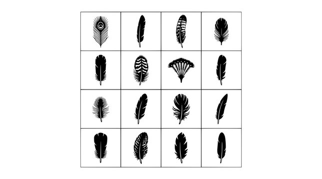 Feathers winglet collection with black ink silhouettes, arranged in a grid for decorative vintage design and craft projects