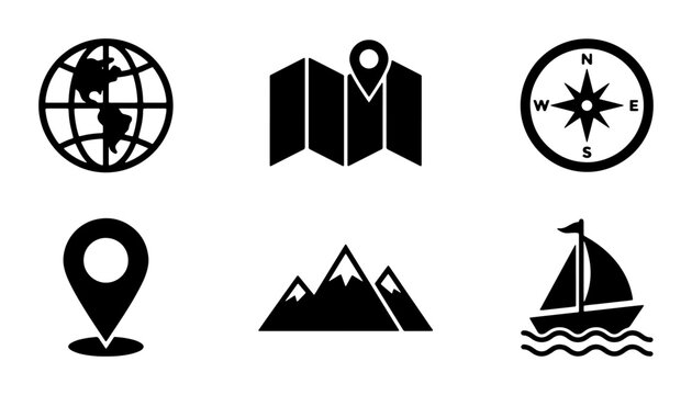 Travel Icons Set: Globe, Map, Compass, Location Pin, Mountains, Sailboat Vector Graphics for Navigation and Adventure