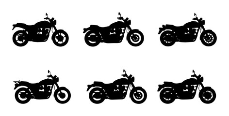 Motorcycle Silhouettes Collection, Chopper and Cruiser Vector Icons, Black Biker Vehicle Graphics, Set of Six Custom Bike Designs © Saidul
