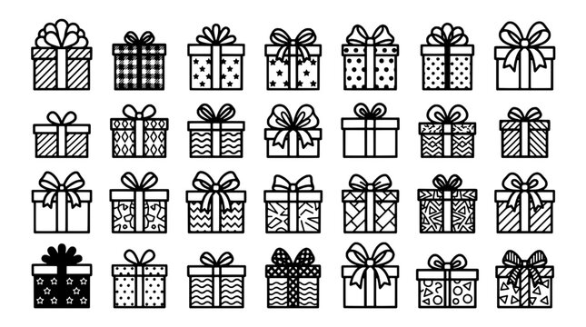 Gift boxes icon set with bows and ribbons in a clean line art style for holiday decorations and presents