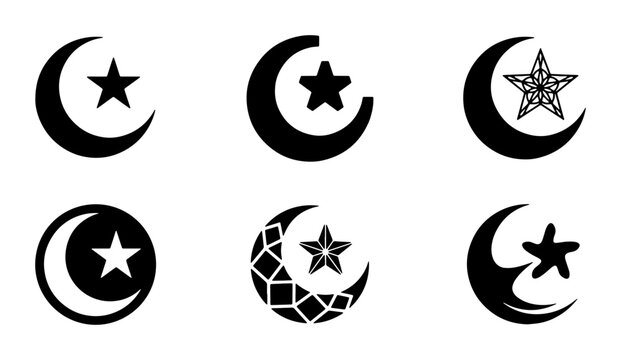 Islamic Crescent Moon and Star Icons Collection, Ramadan Symbols, Eid Mubarak Graphics, Celestial Motifs, Black and White Vector Set for Religious and Cultural Designs