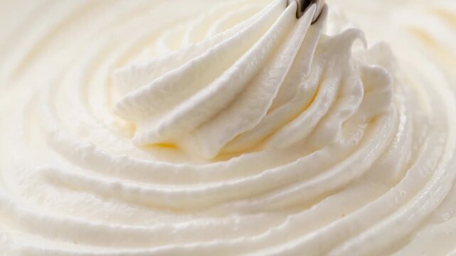 Slow motion close up of creamy whipped cream smoothly swirling and being piped for dessert decoration