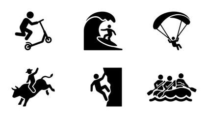 Extreme Sports Icons Set: Scooter, Surfing, Parachuting, Bull Riding, Rock Climbing, Rafting Vector Graphics © Hafsa
