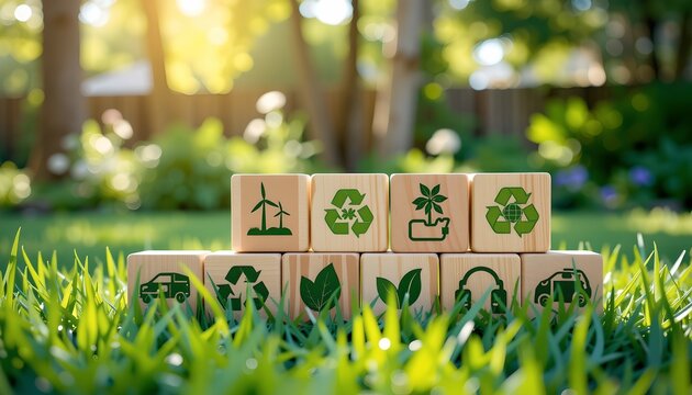 Ecofriendly Symbols Wooden Blocks Lush Garden Scene