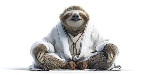 Fototapeta premium Peaceful Sloth in a White Gi Meditating Cross-Legged with Focus and Calm