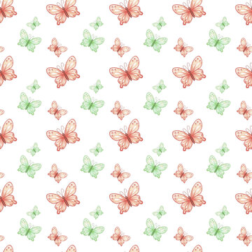 Seamless pattern with green and coral watercolor butterflies