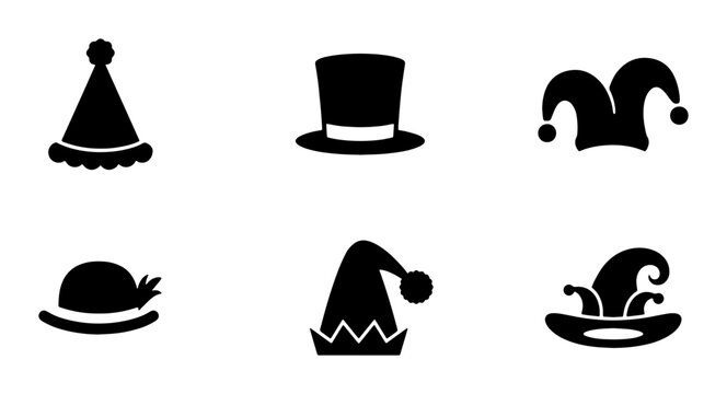 Diverse Collection of Six Silhouette Hats, Festive Party Caps, Jester Hats, Top Hats, and Novelty Headwear Icons for Celebrations and Costumes