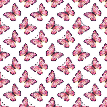 Seamless pattern with pink and purple watercolor butterflies