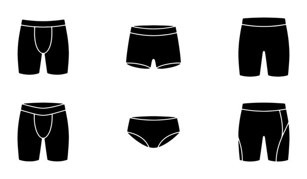 Set of 6 Black Underwear Icons, Men's and Women's Briefs and Boxer Shorts Vector Graphics, Simple Silhouette Apparel Collection for Fashion and Retail Design