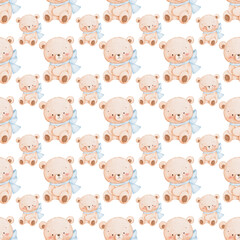 Fototapeta premium Seamless pattern with cute teddy bear wearing blue bow, watercolor illustration