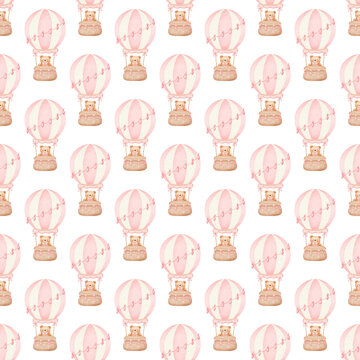 Seamless pattern with cute teddy bear riding pink hot air balloon, watercolor illustration