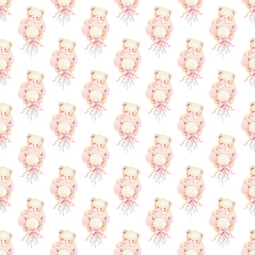 Seamless pattern with cute teddy bear peeking through pink balloon bunch, watercolor illustration