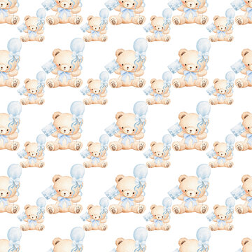 Seamless pattern with cute teddy bear wearing blue bow with balloon, watercolor illustration
