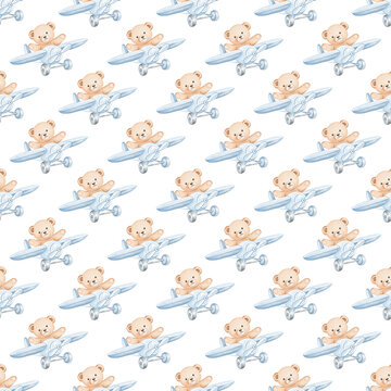 Seamless pattern with cute teddy bear flying vintage airplane, watercolor illustration