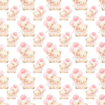 Seamless pattern with cute teddy bear holding pink balloons, watercolor illustration