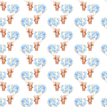 Seamless pattern with cute teddy bear holding heart-shaped balloons, watercolor illustration
