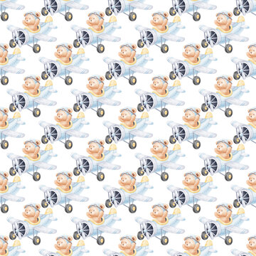 Seamless pattern with cute teddy bear pilot flying vintage airplane, watercolor illustration