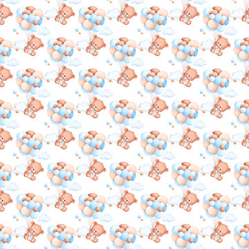 Seamless pattern with teddy bear on cloud holding blue balloons, watercolor illustration