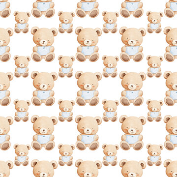 Seamless pattern with cute teddy bear wearing white bib, watercolor illustration