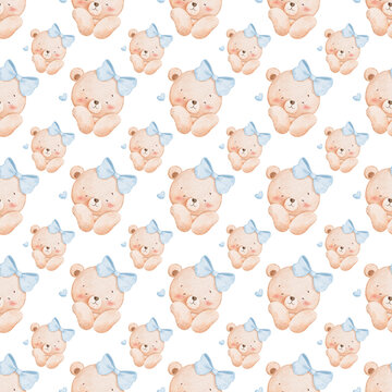 Seamless pattern with cute teddy bear face and blue bow, watercolor illustration