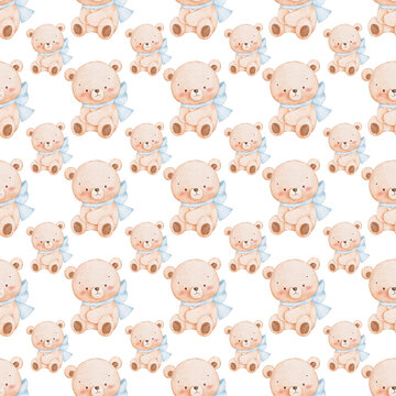 Seamless pattern with cute teddy bear wearing blue bow, watercolor illustration