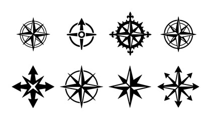 Collection of Eight Black and White Compass Rose Icons, Navigation Symbols, and Directional Starbursts for Graphic Design and Exploration Themes © Sharmeen