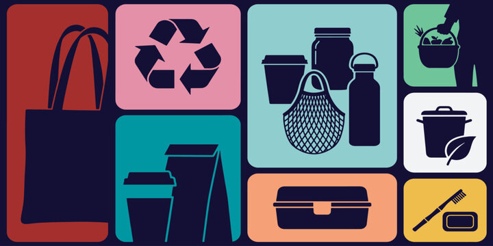 Zero waste lifestyle vector illustration with reusable items and products.