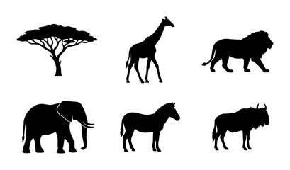 African Wildlife Silhouette Collection: Majestic Elephant, Lion, Giraffe, Zebra, Wildebeest, and Acacia Tree Vector Icons for Safari and Nature Designs © Jakir