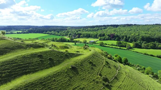 Aerial shot of Cley Hill in Wiltshire, UK