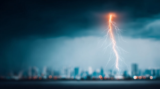 A lightning strike over a distant city skyline, representing severe weather danger, climate risk, storm warning, and natural disaster preparedness
