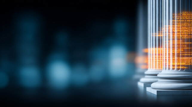 Classical columns blended with digital data streams, representing legal technology, institutional transformation, government systems, and secure information modernization

